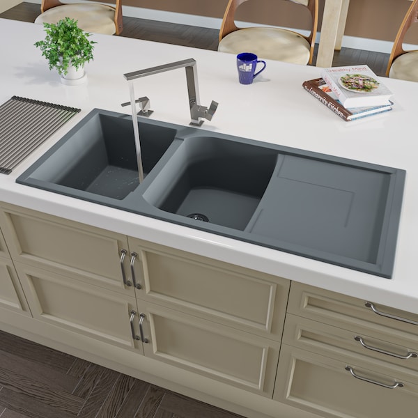 Alfi Brand Titanium 46" Dbl Bowl Granite Composite Kitchen Sink W/ Drainboard AB4620DI-T - main